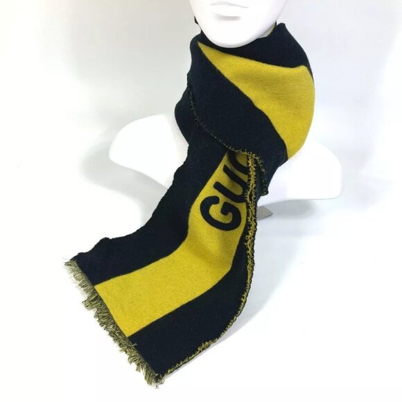 GUCCI fringe bicolor stripes bicolor stripes Scarf wool Black x Yellow - Picture 9 of 9